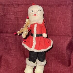 1960s Santa Claus Ornaments Cloth Face Bead Nose Felt Tinsel 9"H Red Suit
